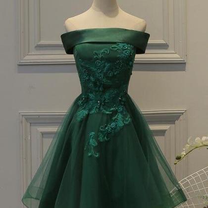 Green Satin Short Lovely Tulle Lace Applique Party..