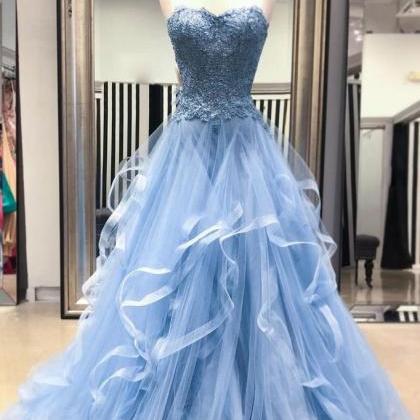 Sweetheart Blue Tulle Layered Long Prom Dress Lace..