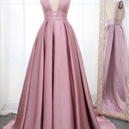 Pink V Neck Sleeveless Long Satin Prom Dresses..