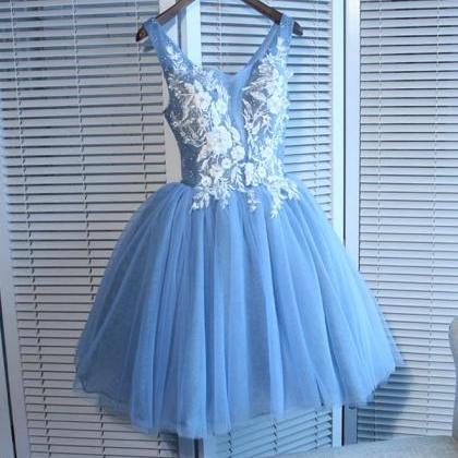 Cute Blue Lace Applique Knee Length Homecoming..