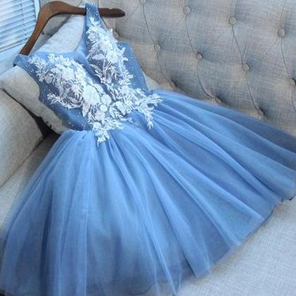 Cute Blue Lace Applique Knee Length Homecoming..