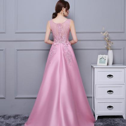 Pink Lace And Satin Party Dress Round Neckline..