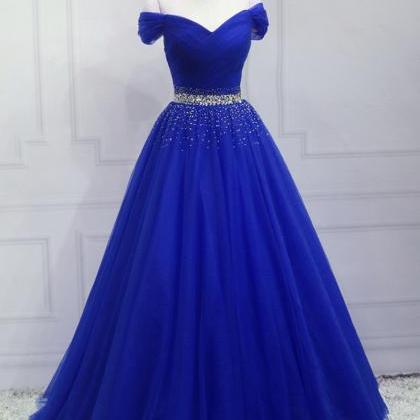 Royal Blue Beaded Long Sweetheart Party Dress Blue..
