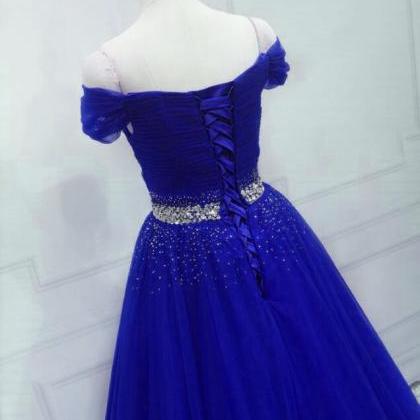 Royal Blue Beaded Long Sweetheart Party Dress Blue..