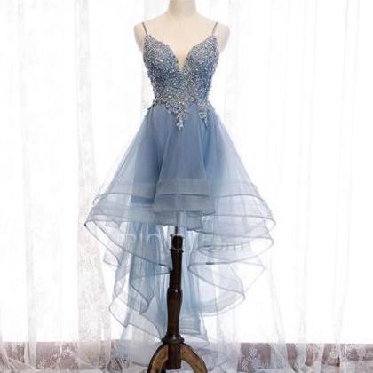 Elegant Blue V-neckline High Low Party Dress,hand..