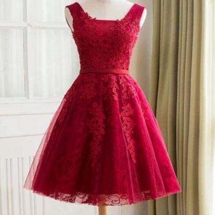 Beautiful Dark Red Short Tulle Prom Dress Custom..