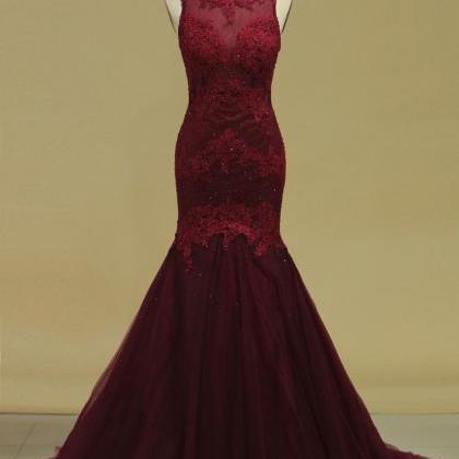 Wine Red Mermaid Tulle With Lace Evening Gown,..