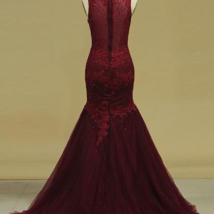 Wine Red Mermaid Tulle With Lace Evening Gown,..