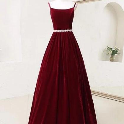 Dark Red Velvet Straps Long Evening Gown,hand Made..