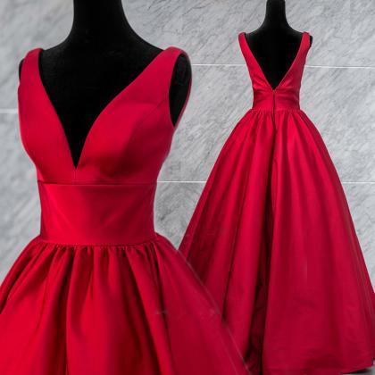 Beautiful Red V-neckline Satin Long Party Dress,..