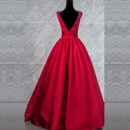 Beautiful Red V-neckline Satin Long Party Dress,..