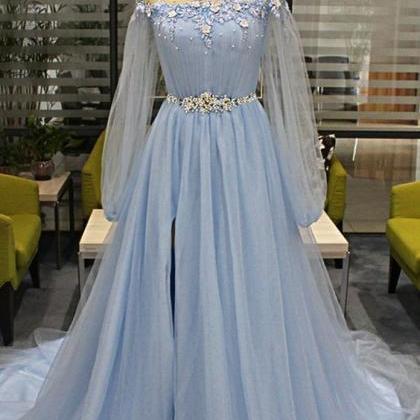 Blue Tulle Long Beaded Sweet 16 Prom Dress With..