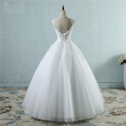Beautiful White Tulle V-neckline Long Wedding..