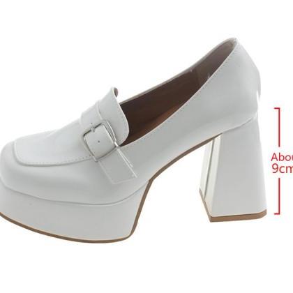 Platform Loafers Heel Patent Leather Slip On..