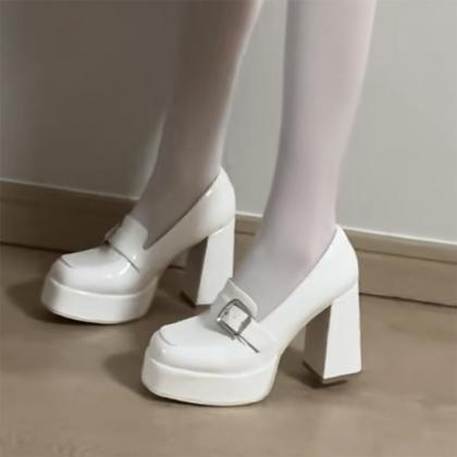 Chunky Platform Loafers Heel Patent Leather Slip..