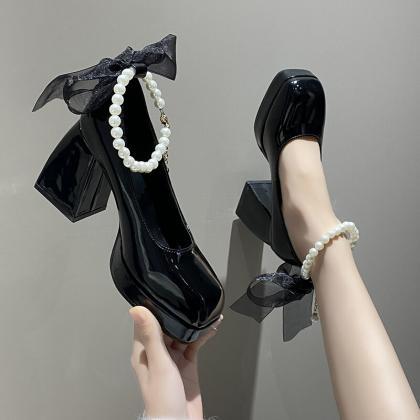 Ladies High Heels Elegant Bow Square Toe Black..
