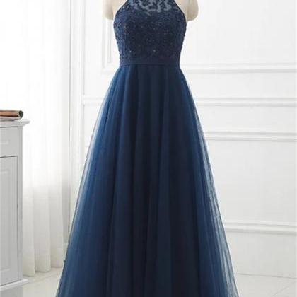 Navy Blue Tulle With Lace Applique Long Party..