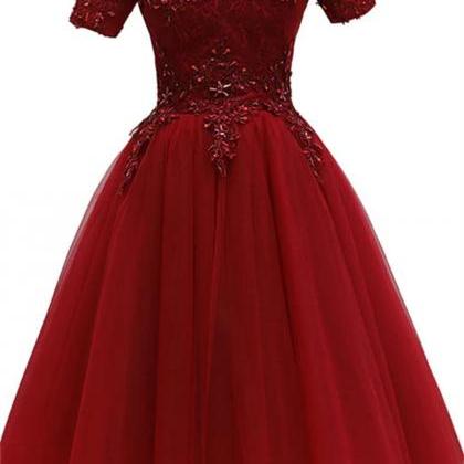 Cute Burgundy Off Shoulder Tulle Party Dress, Wine..