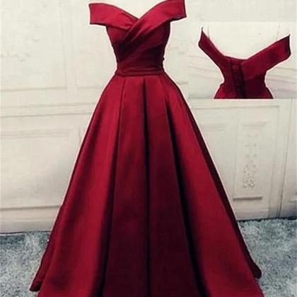 Charming Dark Red Satin A-line Off Shoulder Gown,..