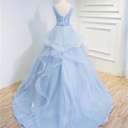 Beautiful Blue Prom Dresses V-neck Ball Gown Sweep..
