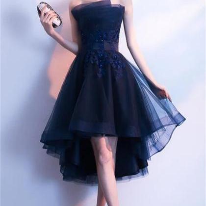 Navy Blue High Low Party Dress, Lace Applique Prom..