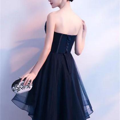 Navy Blue High Low Party Dress, Lace Applique Prom..