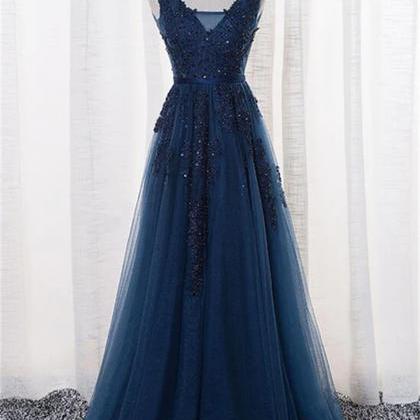 Blue Long A-line Bridesmaid Dress, Dark Blue Tulle..