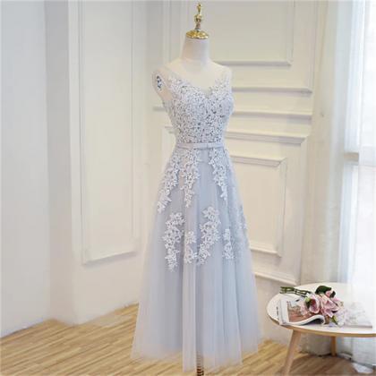 Simple Pretty Light Grey Tea Length Prom Dress,..