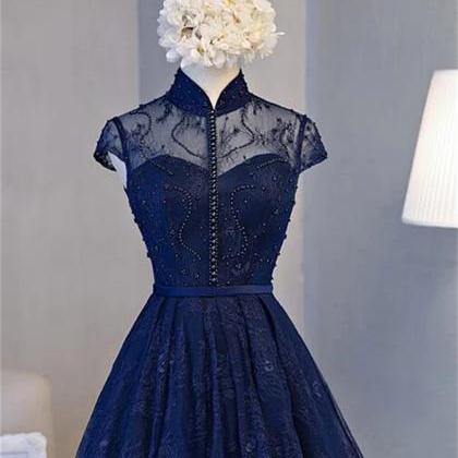 Beautiful Navy Blue Knee Length Lace Party Dress,..