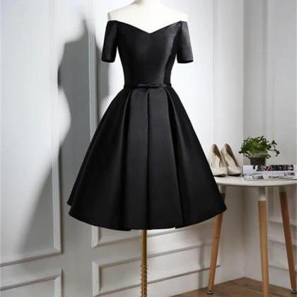 Lovely Black Satin Short Prom Dress, Black Party..