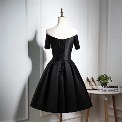 Lovely Black Satin Short Prom Dress, Black Party..