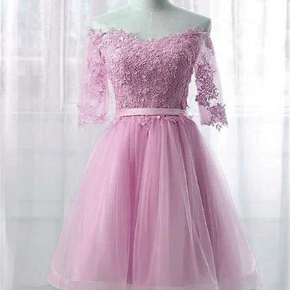 Cute Pink Knee Length Short Sleeves Party Dress,..