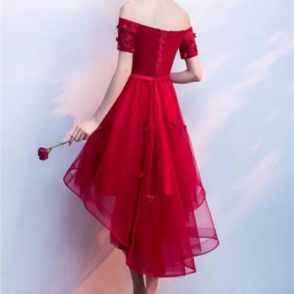 Dark Red High Low Flowers Homecoming Dress..