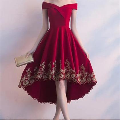 Red High Low Party Dress With Gold Applique..