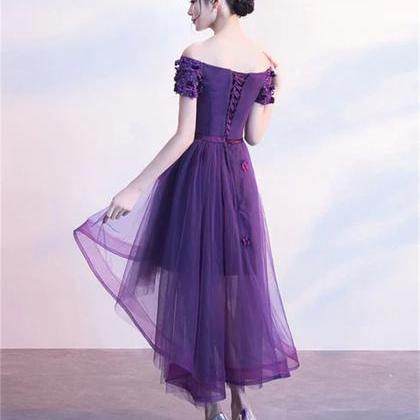 Purple High Low Cute Off Shoulder Homecoming Dress..