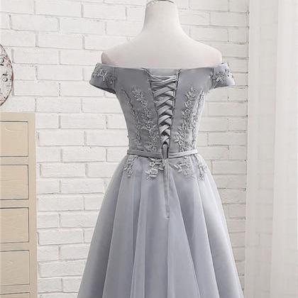 Grey Short Tulle Party Dress With Lace Applique..