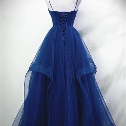 Blue A-line Straps Tulle Layers Long Party Dress..