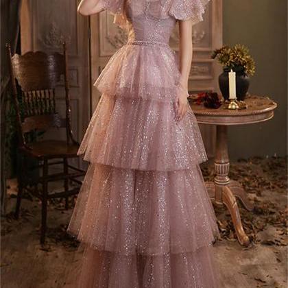 Dark Pink Shiny Tulle Short Sleeves Party Dress..