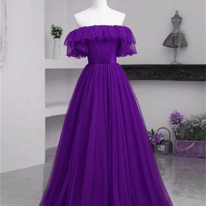 Dark Purple Tulle Off Shoulder Long Party Dress..