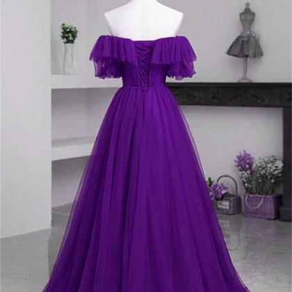 Dark Purple Tulle Off Shoulder Long Party Dress..