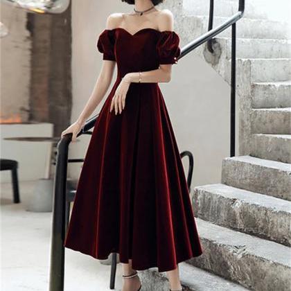 Wine Red Velvet Tea Length Wedding Party Dress, Wine Red Velvet Prom Dress main image 0
