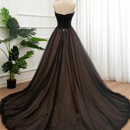 Sexy Black Tulle Sweetheart V-Neck Side Slit A-Line Long Prom Dresses, PD0844
