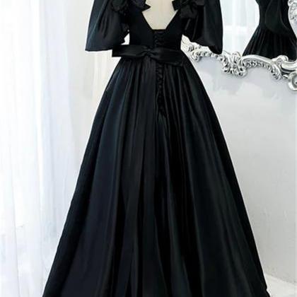 Black Satin Deep V-neckline Long Formal Dress..