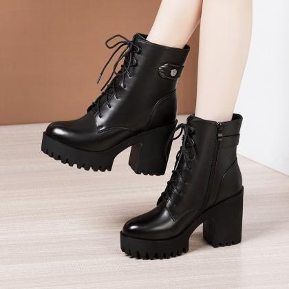 Soft Leather High-heel Thick-soled Martin Boots..