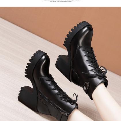 Soft Leather High-heel Thick-soled Martin Boots..