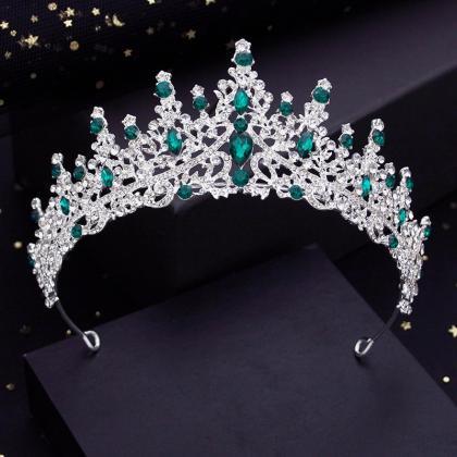 Silver Colors Green Crystal Wedding Crown For..