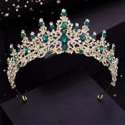 Silver Colors Green Crystal Wedding Crown For..