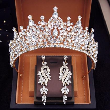 Gorgeous Crystal Wedding Crown With Earrings Bride..
