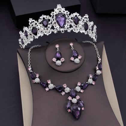 Purple Crystal Crown Bridal Jewelry Sets For Women..