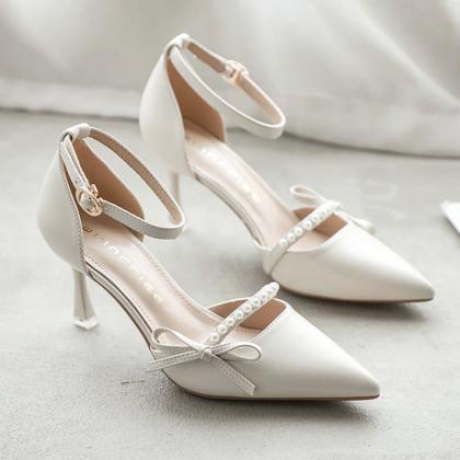 High-heeled Shoes Stiletto White One-word Buckle..